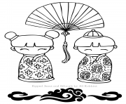 Coloriage plusieurs tenus tradtionnelles nouvel an chinois dessin